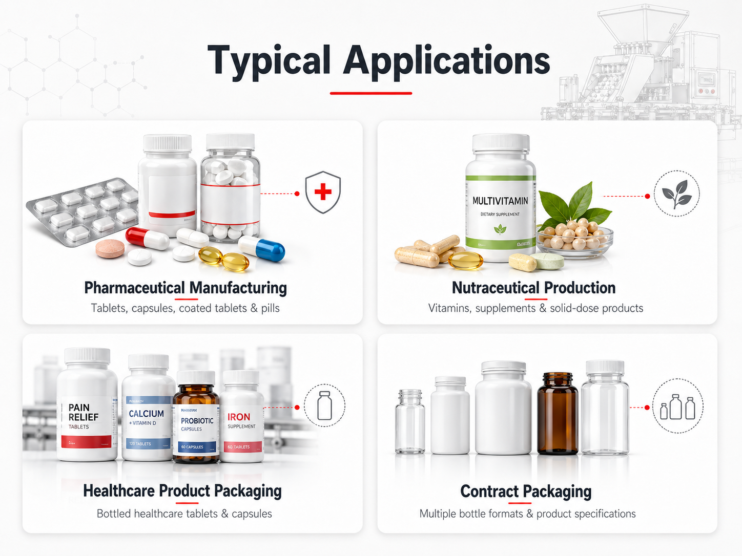 Aplicaciones t&iacute;picas de la m&aacute;quina contadora autom&aacute;tica de comprimidos y c&aacute;psulas en envases farmac&eacute;uticos y nutrac&eacute;uticos.